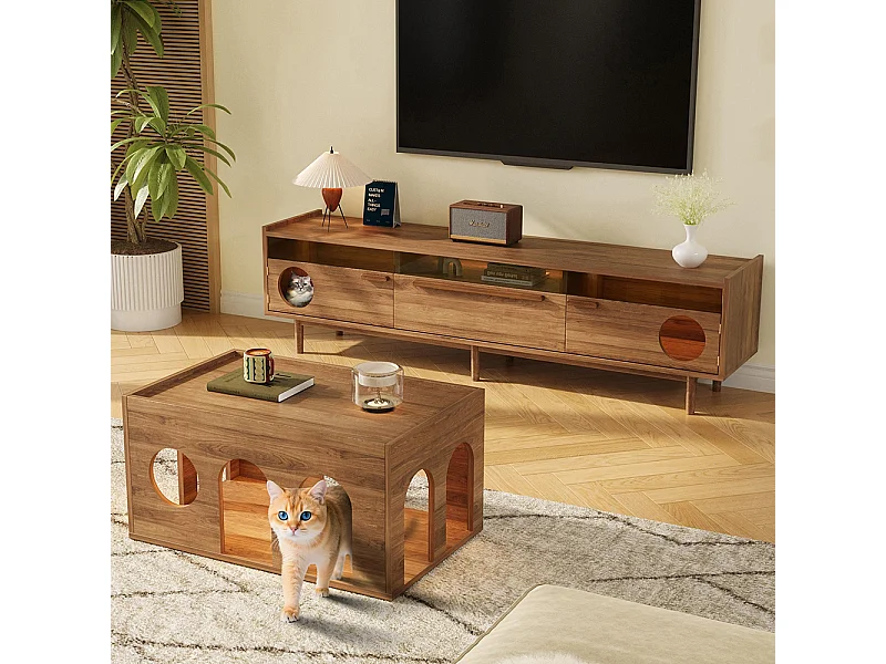 Meuble TV table basse ensemble salon combiné 2 pièces LED panier chat noyer