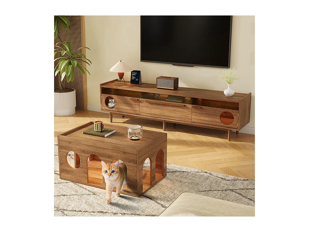 Meuble TV table basse ensemble salon combiné 2 pièces LED panier chat noyer