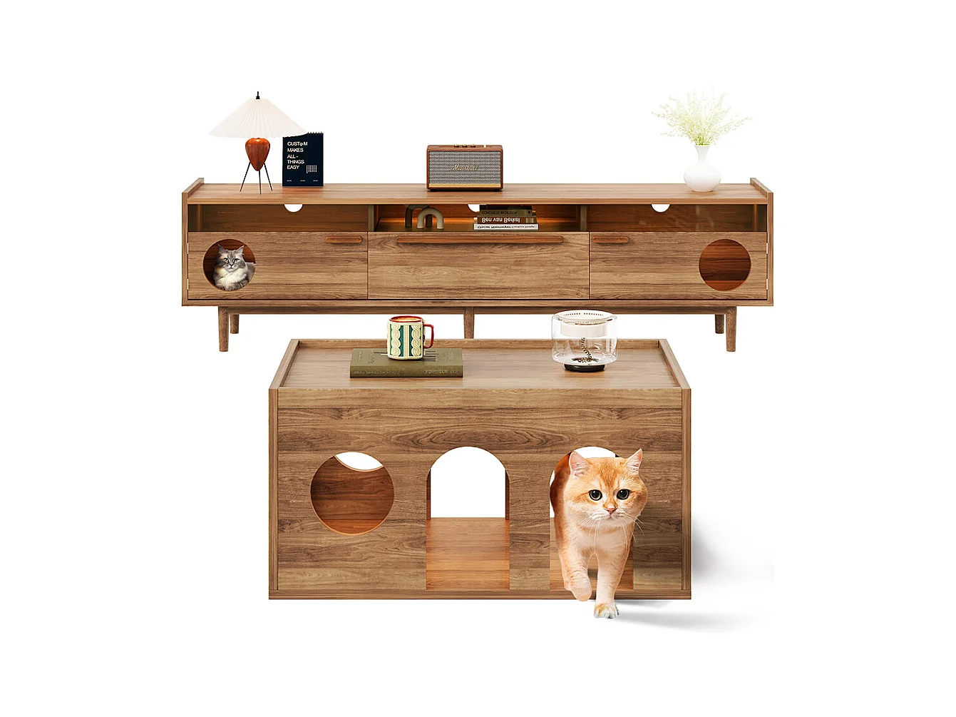 Meuble TV table basse ensemble salon combiné 2 pièces LED panier chat noyer