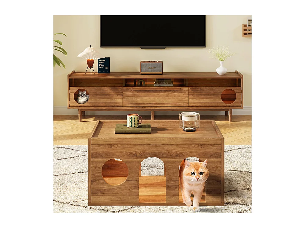Meuble TV table basse ensemble salon combiné 2 pièces LED panier chat noyer