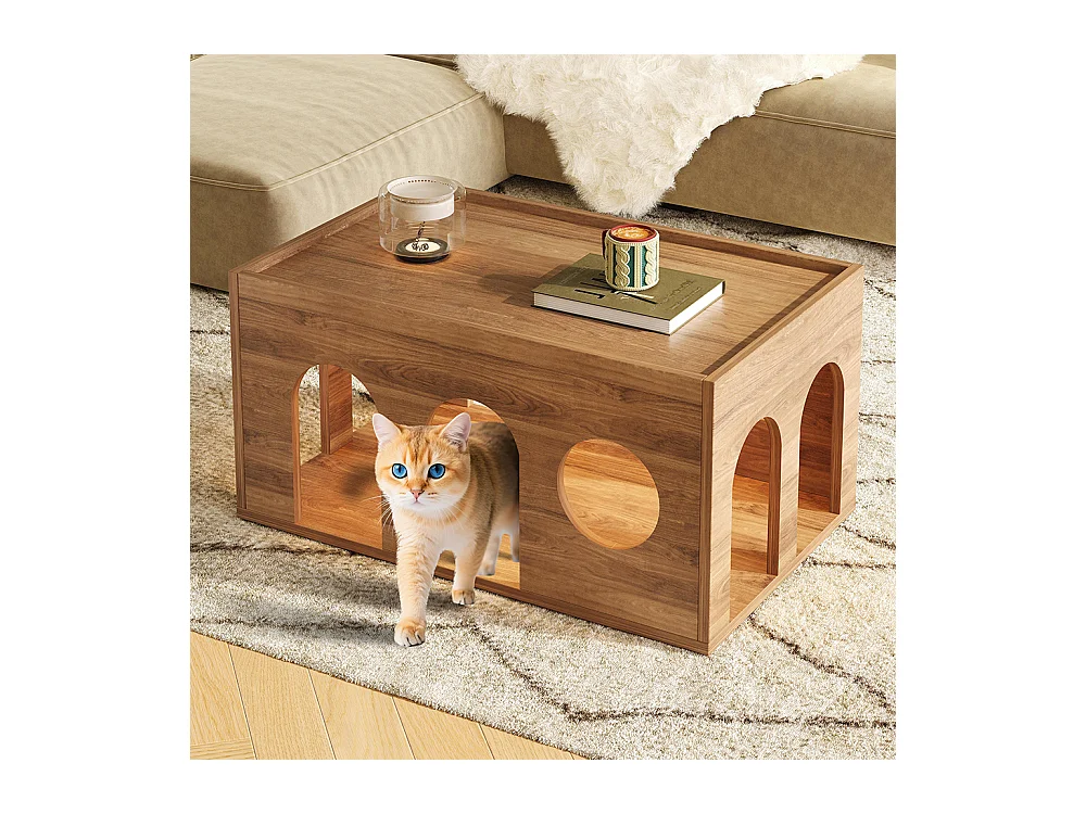 Meuble TV table basse ensemble salon combiné 2 pièces LED panier chat noyer