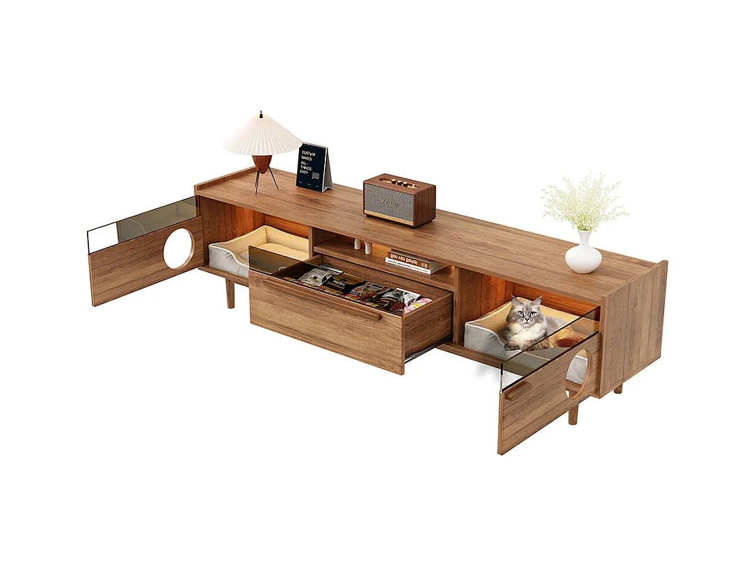 Meuble TV table basse ensemble salon combiné 2 pièces LED panier chat noyer