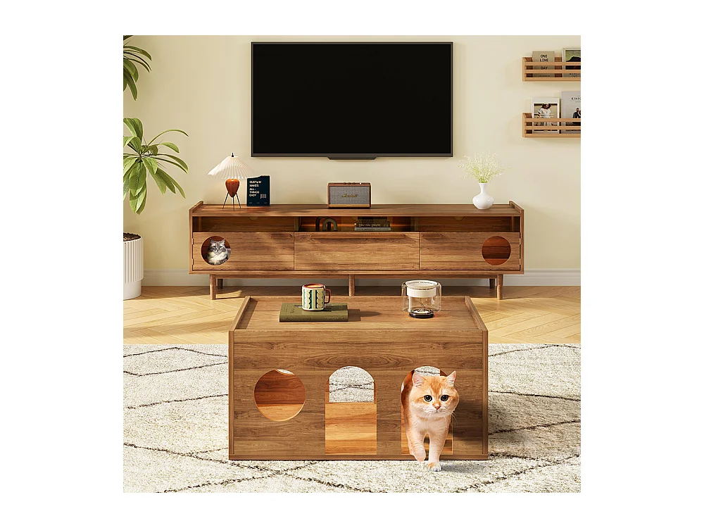 Meuble TV table basse ensemble salon combiné 2 pièces LED panier chat noyer