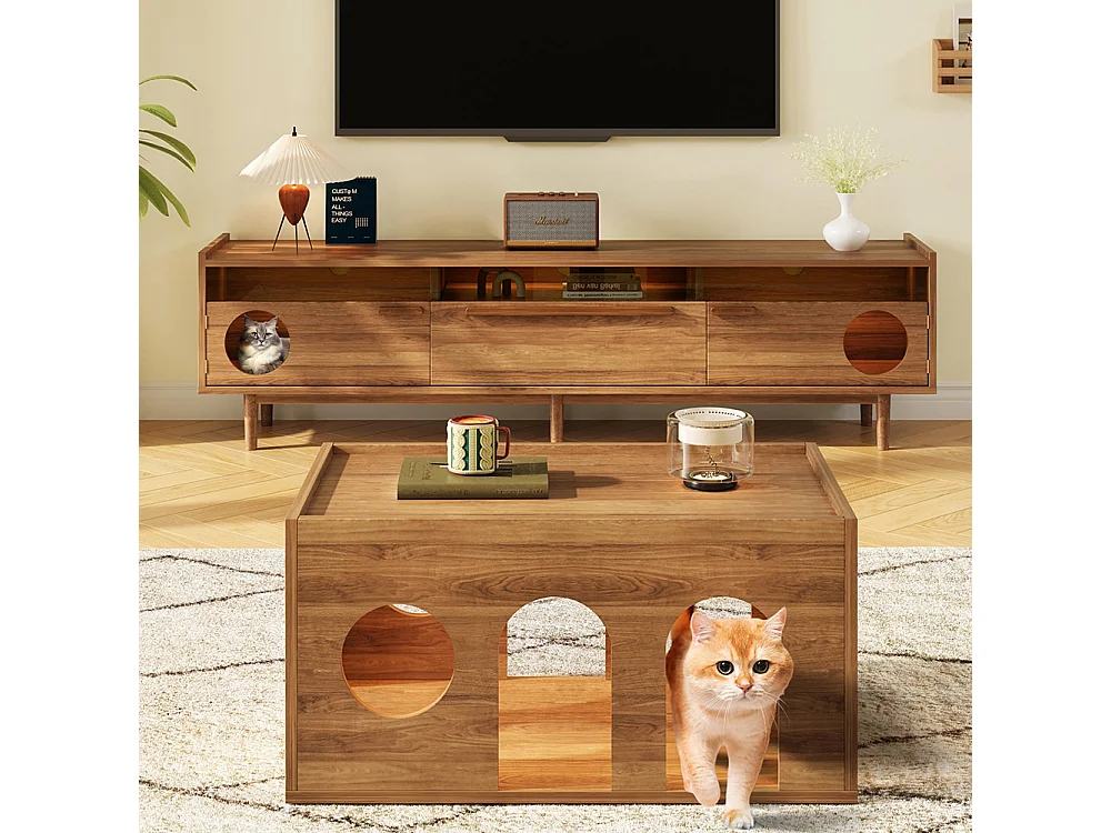 Meuble TV table basse ensemble salon combiné 2 pièces LED panier chat noyer