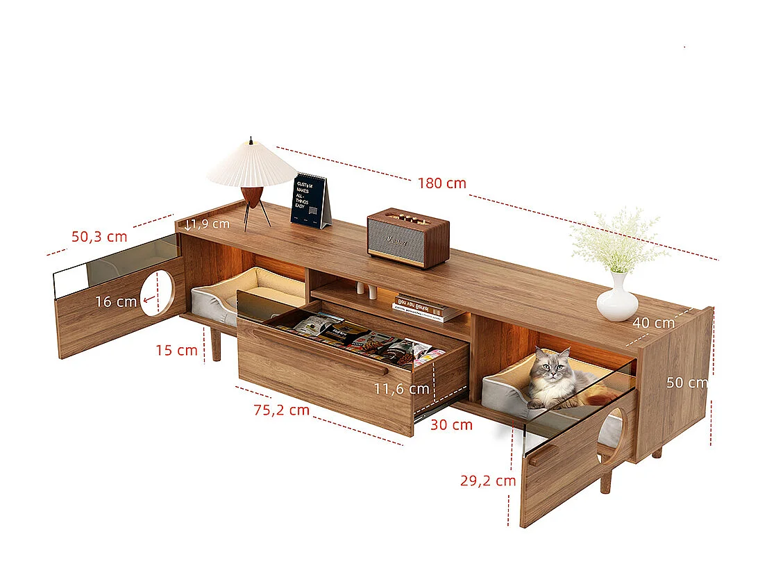 Meuble TV table basse ensemble salon combiné 2 pièces LED panier chat noyer