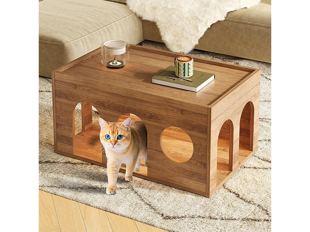 Meuble TV table basse ensemble salon combiné 2 pièces LED panier chat noyer