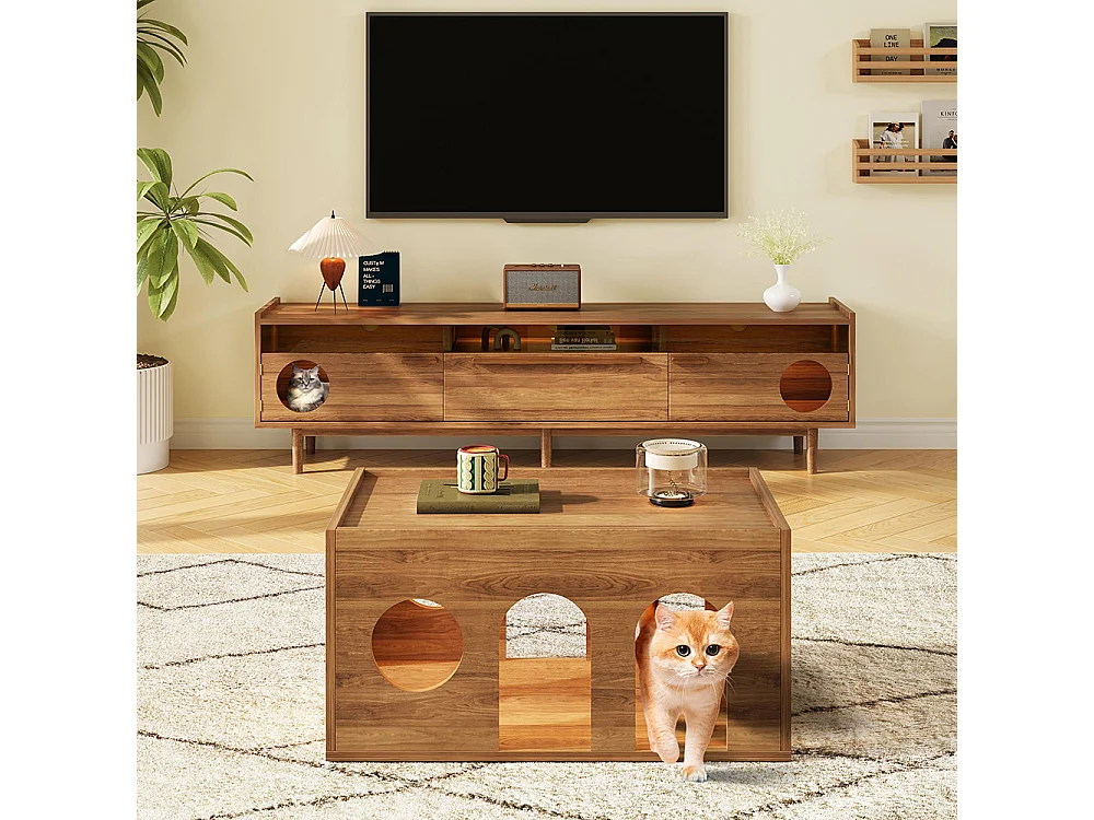 Meuble TV table basse ensemble salon combiné 2 pièces LED panier chat noyer