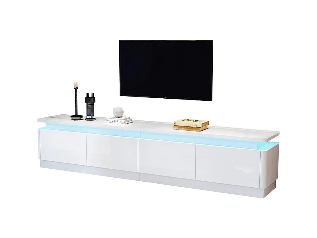 Meuble TV bas brillant 4 tiroirs LED TV 80 pouces blanc