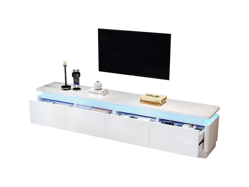 Meuble TV bas brillant 4 tiroirs LED TV 80 pouces blanc