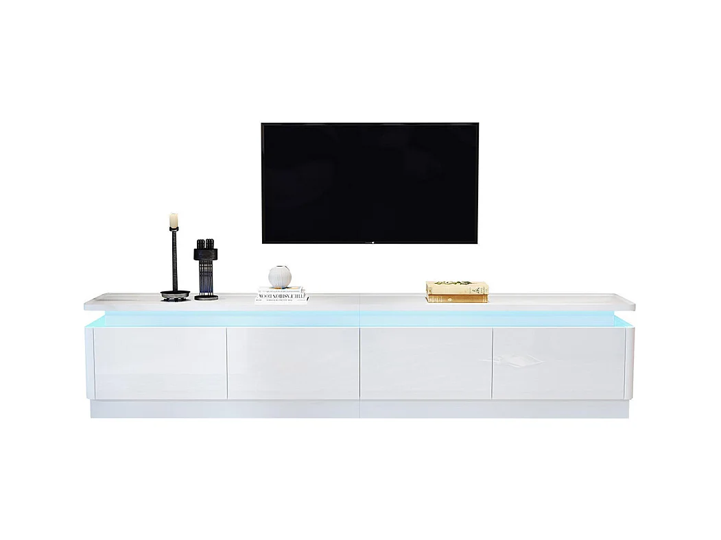 Meuble TV bas brillant 4 tiroirs LED TV 80 pouces blanc