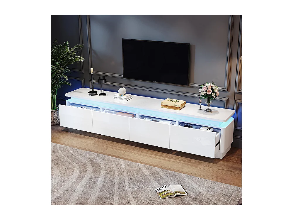 Meuble TV bas brillant 4 tiroirs LED TV 80 pouces blanc