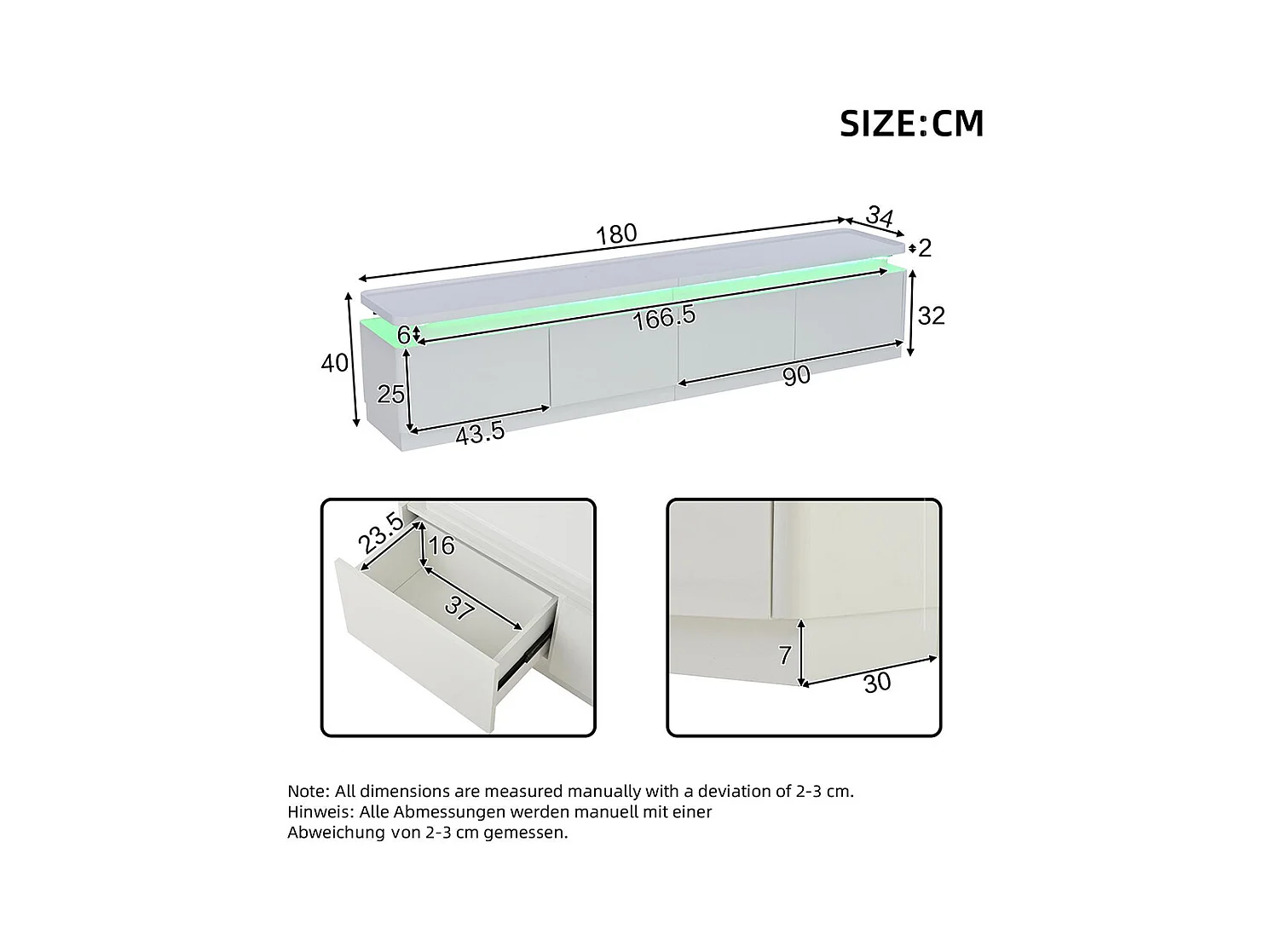 Meuble TV bas brillant 4 tiroirs LED TV 80 pouces blanc