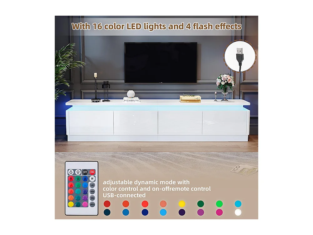 Meuble TV bas brillant 4 tiroirs LED TV 80 pouces blanc