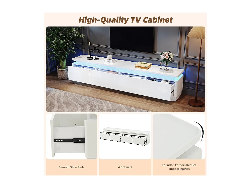 Meuble TV bas brillant 4 tiroirs LED TV 80 pouces blanc
