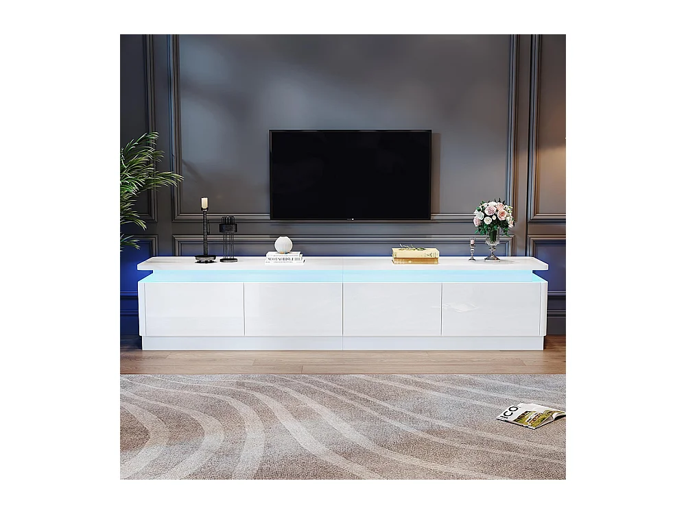 Meuble TV bas brillant 4 tiroirs LED TV 80 pouces blanc