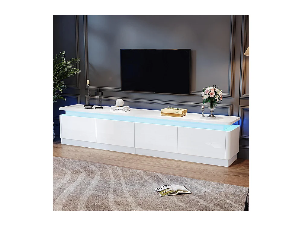 Meuble TV bas brillant 4 tiroirs LED TV 80 pouces blanc
