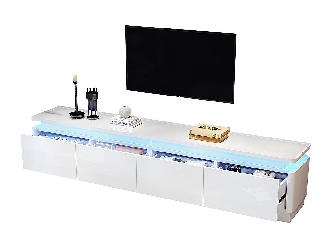 Meuble TV bas brillant 4 tiroirs LED TV 80 pouces blanc