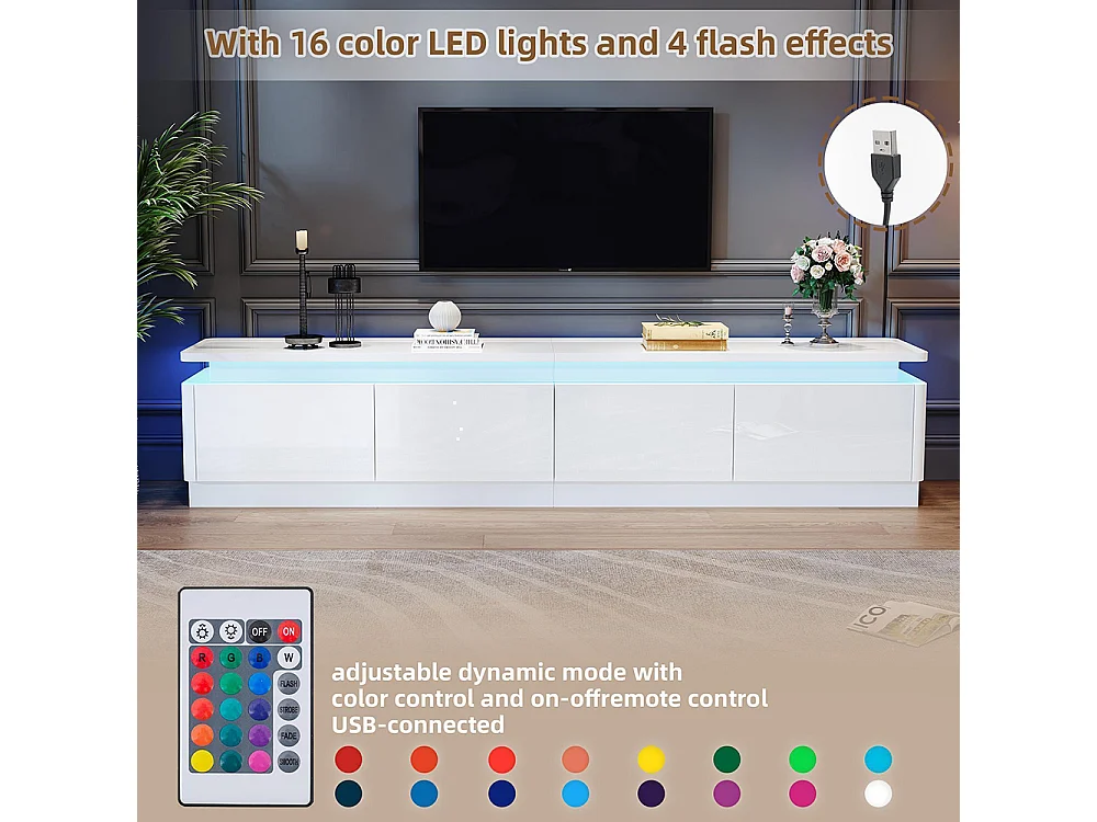 Meuble TV bas brillant 4 tiroirs LED TV 80 pouces blanc