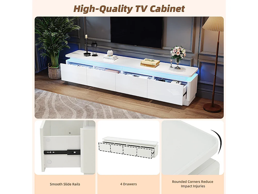 Meuble TV bas brillant 4 tiroirs LED TV 80 pouces blanc