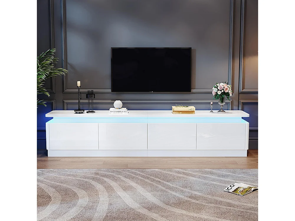 Meuble TV bas brillant 4 tiroirs LED TV 80 pouces blanc
