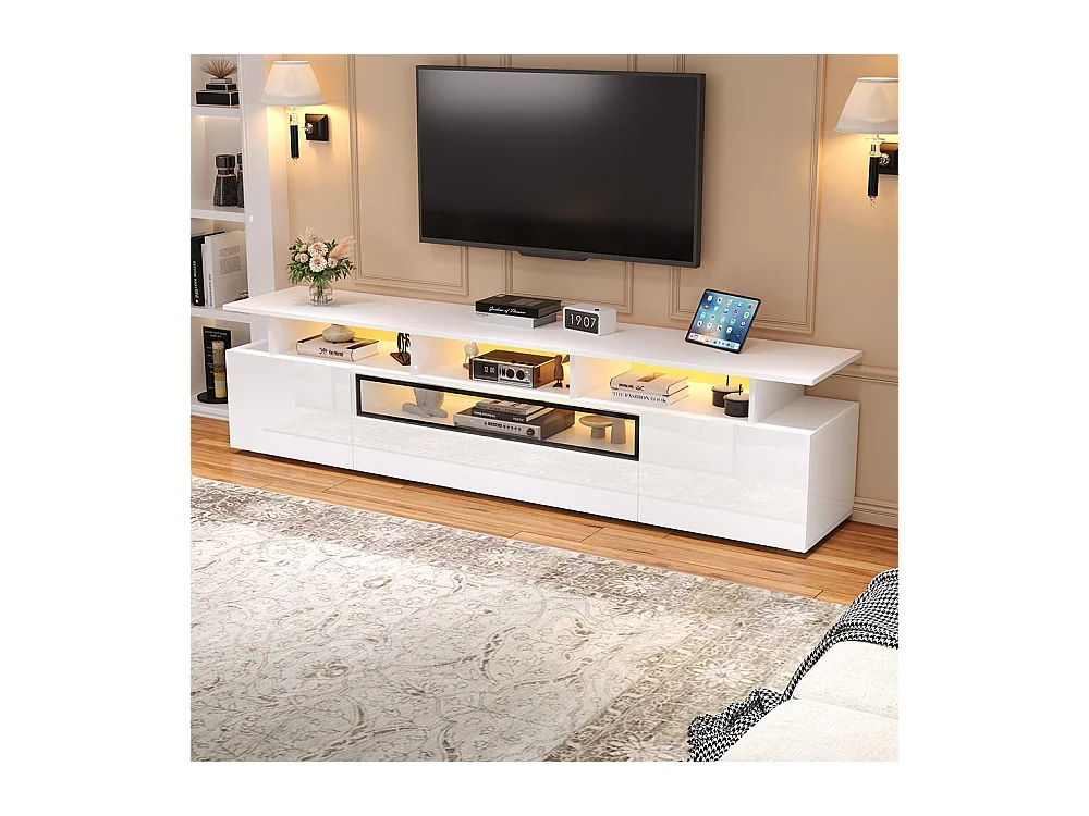 Meuble TV bas brillant 2 placards 1 tiroir LED 10 étagères pieds TV 75 pouces