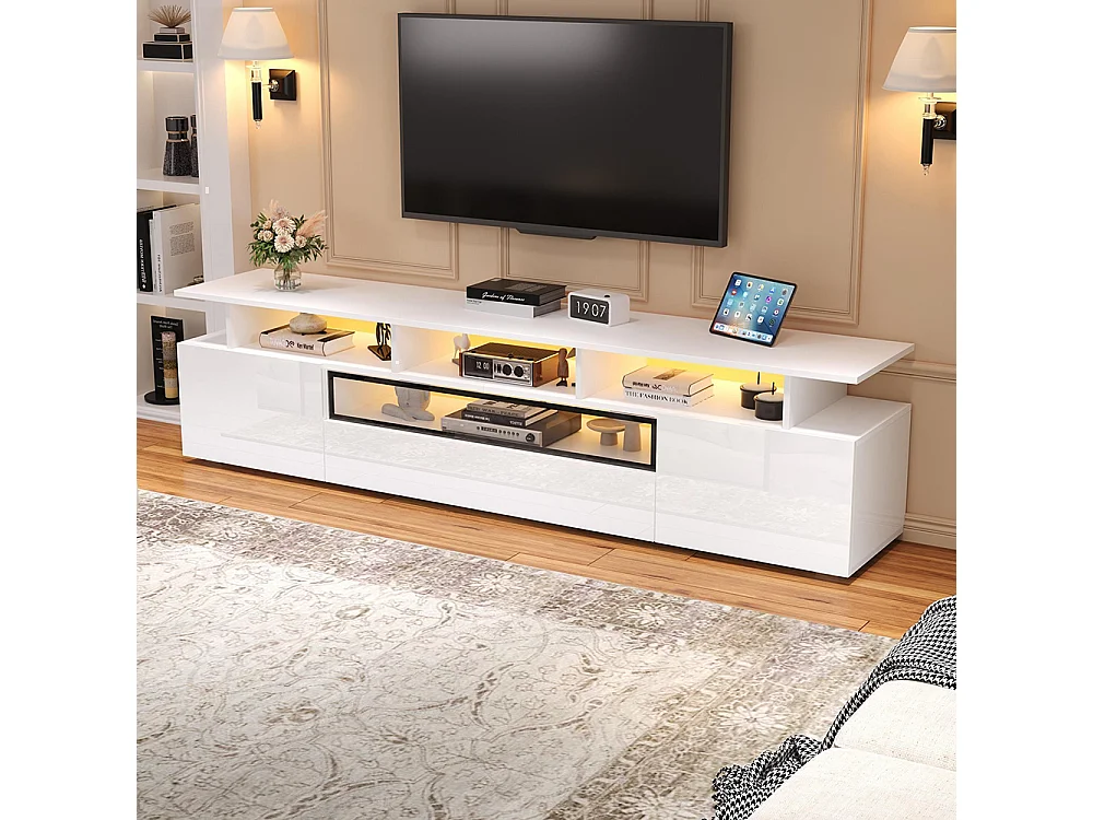 Meuble TV bas brillant 2 placards 1 tiroir LED 10 étagères pieds TV 75 pouces