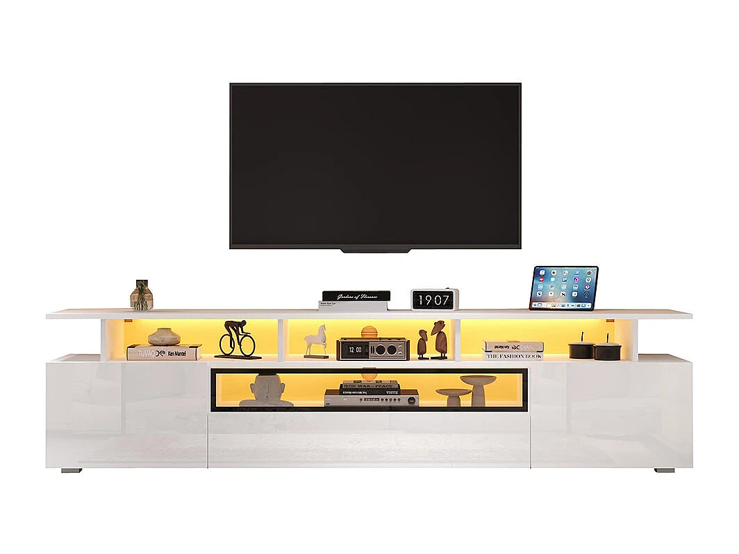 Meuble TV bas brillant 2 placards 1 tiroir LED 10 étagères pieds TV 75 pouces