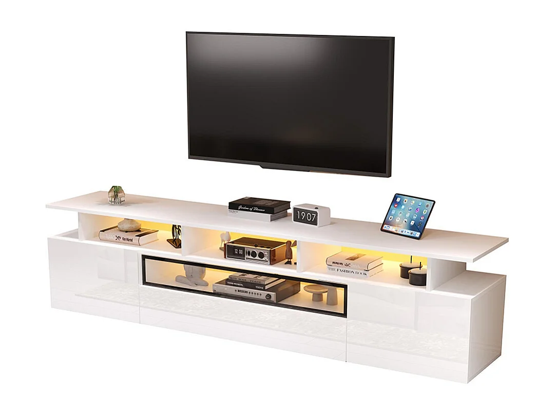 Meuble TV bas brillant 2 placards 1 tiroir LED 10 étagères pieds TV 75 pouces