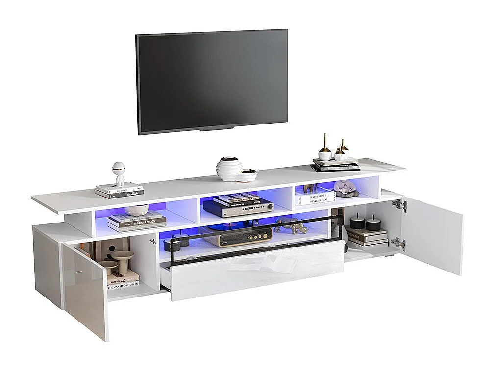 Meuble TV bas brillant 2 placards 1 tiroir LED 10 étagères pieds TV 75 pouces