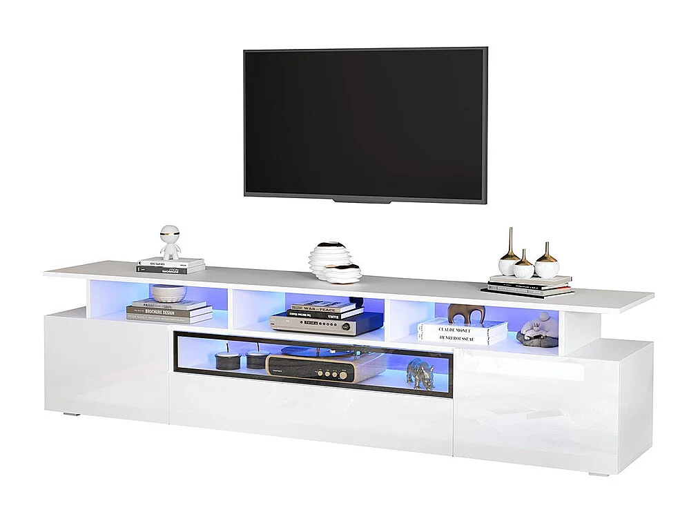 Meuble TV bas brillant 2 placards 1 tiroir LED 10 étagères pieds TV 75 pouces