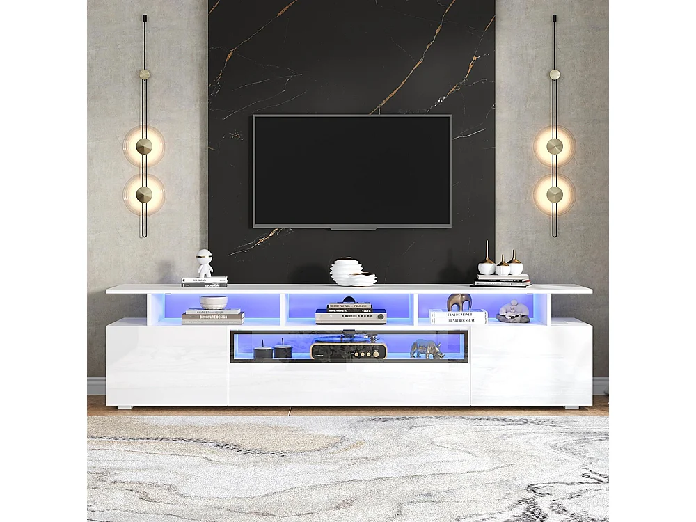Meuble TV bas brillant 2 placards 1 tiroir LED 10 étagères pieds TV 75 pouces