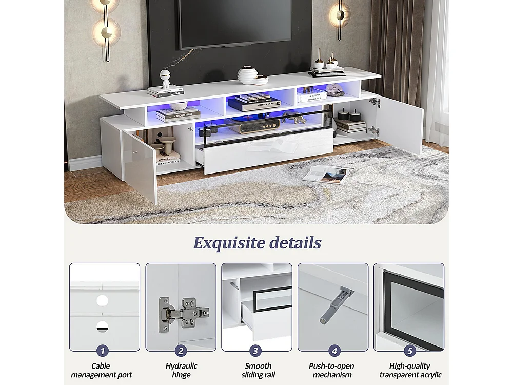 Meuble TV bas brillant 2 placards 1 tiroir LED 10 étagères pieds TV 75 pouces