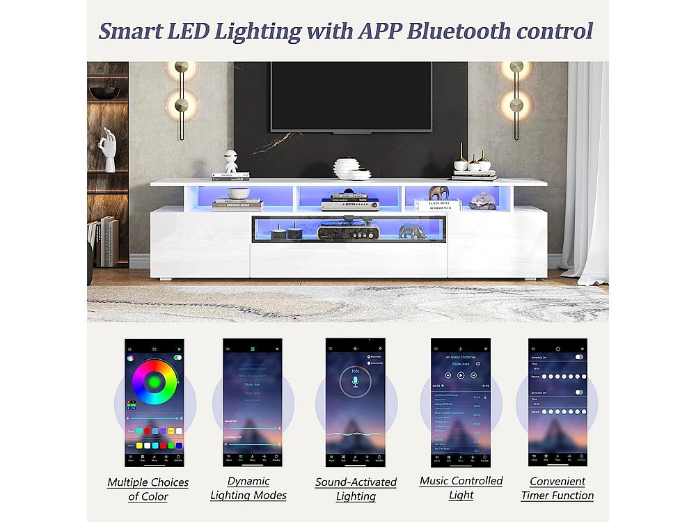 Meuble TV bas brillant 2 placards 1 tiroir LED 10 étagères pieds TV 75 pouces