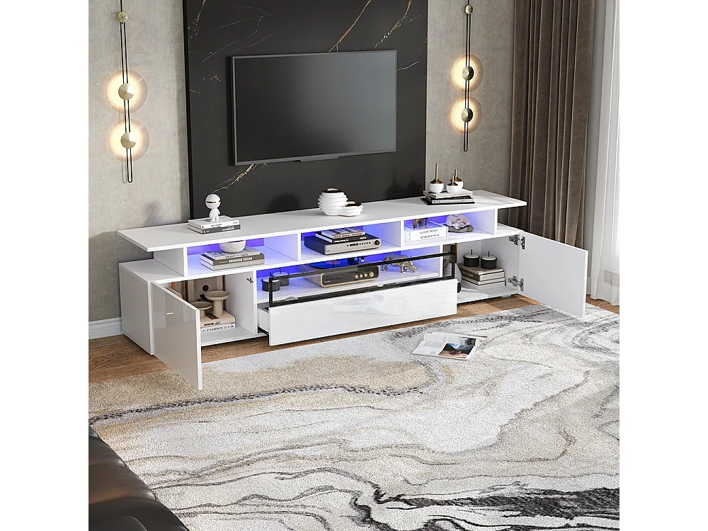 Meuble TV bas brillant 2 placards 1 tiroir LED 10 étagères pieds TV 75 pouces