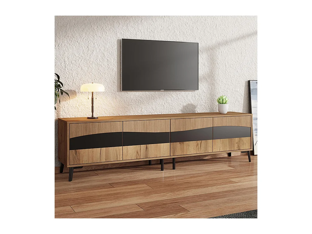 Meuble TV bois noir 4 armoires 8 pieds charge 30 kg design symétrique bas