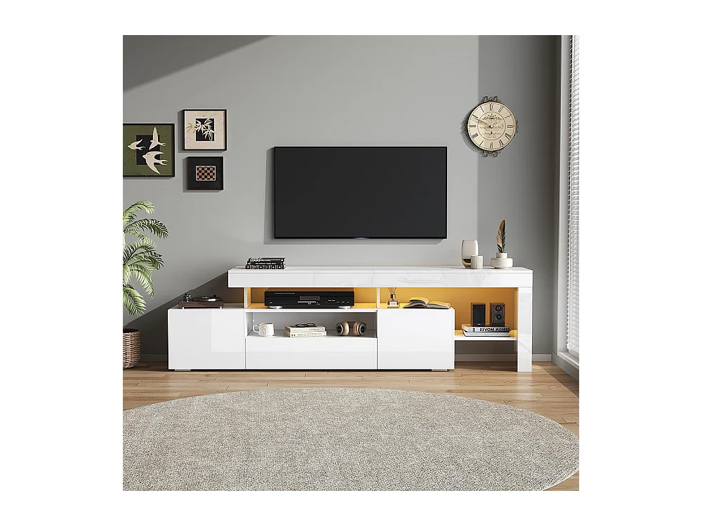 Meuble TV bas brillant 3 armoires LED blanc pour les téléviseurs jusqu'à 85 pouces