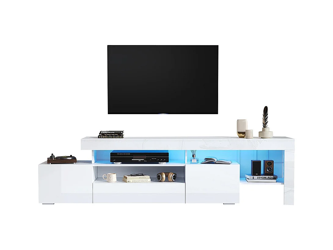 Meuble TV bas brillant 3 armoires LED blanc pour les téléviseurs jusqu'à 85 pouces