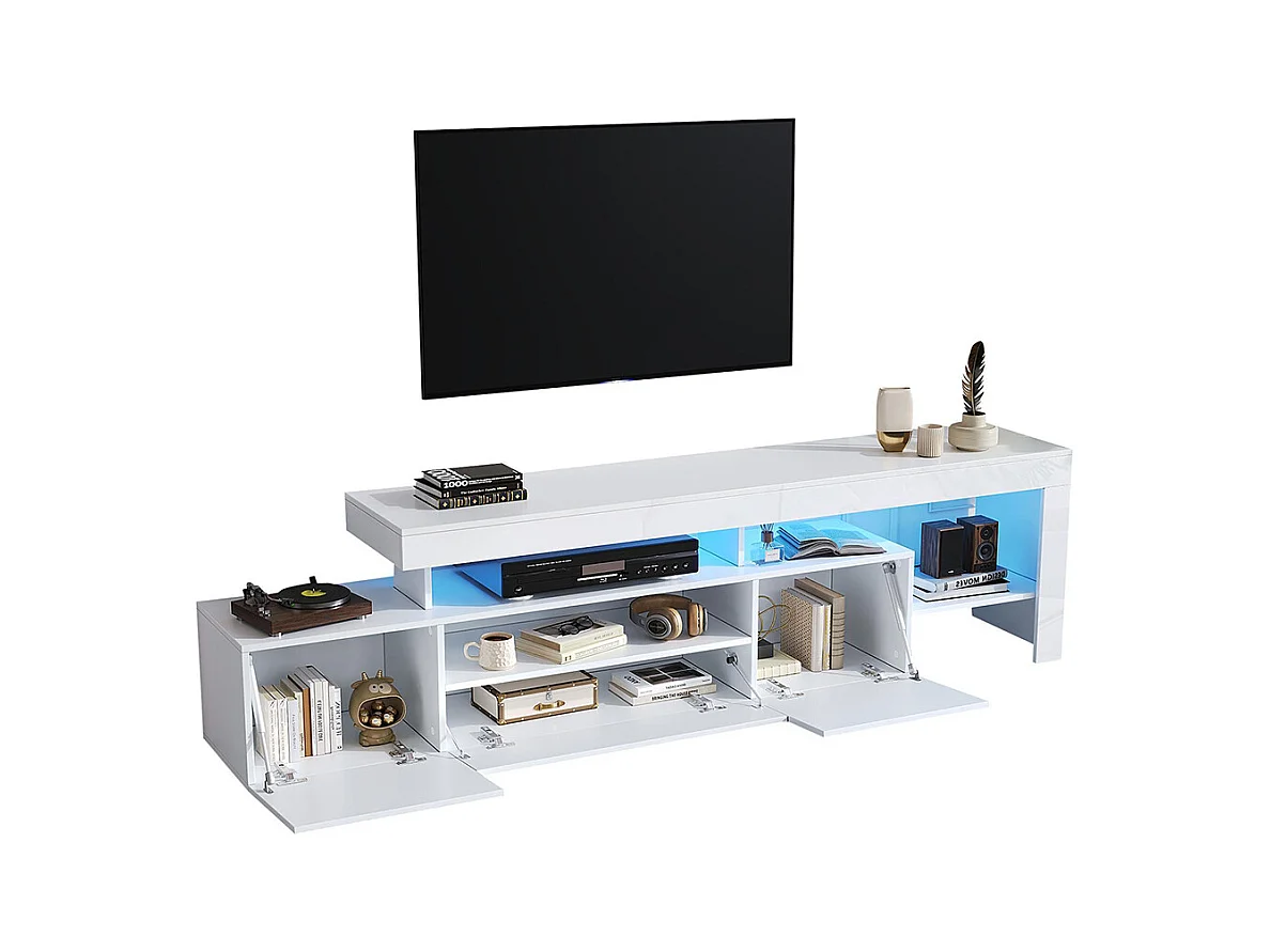 Meuble TV bas brillant 3 armoires LED blanc pour les téléviseurs jusqu'à 85 pouces
