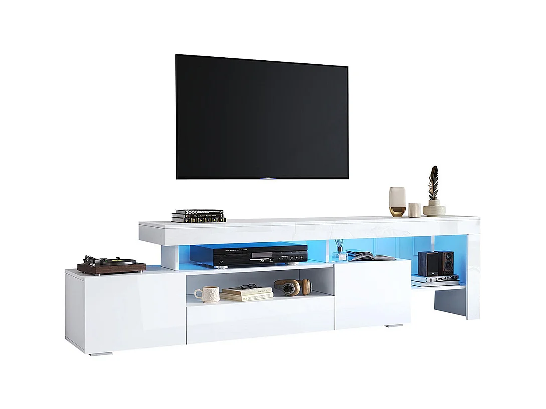 Meuble TV bas brillant 3 armoires LED blanc pour les téléviseurs jusqu'à 85 pouces