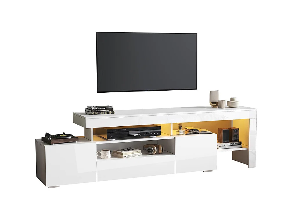 Meuble TV bas brillant 3 armoires LED blanc pour les téléviseurs jusqu'à 85 pouces