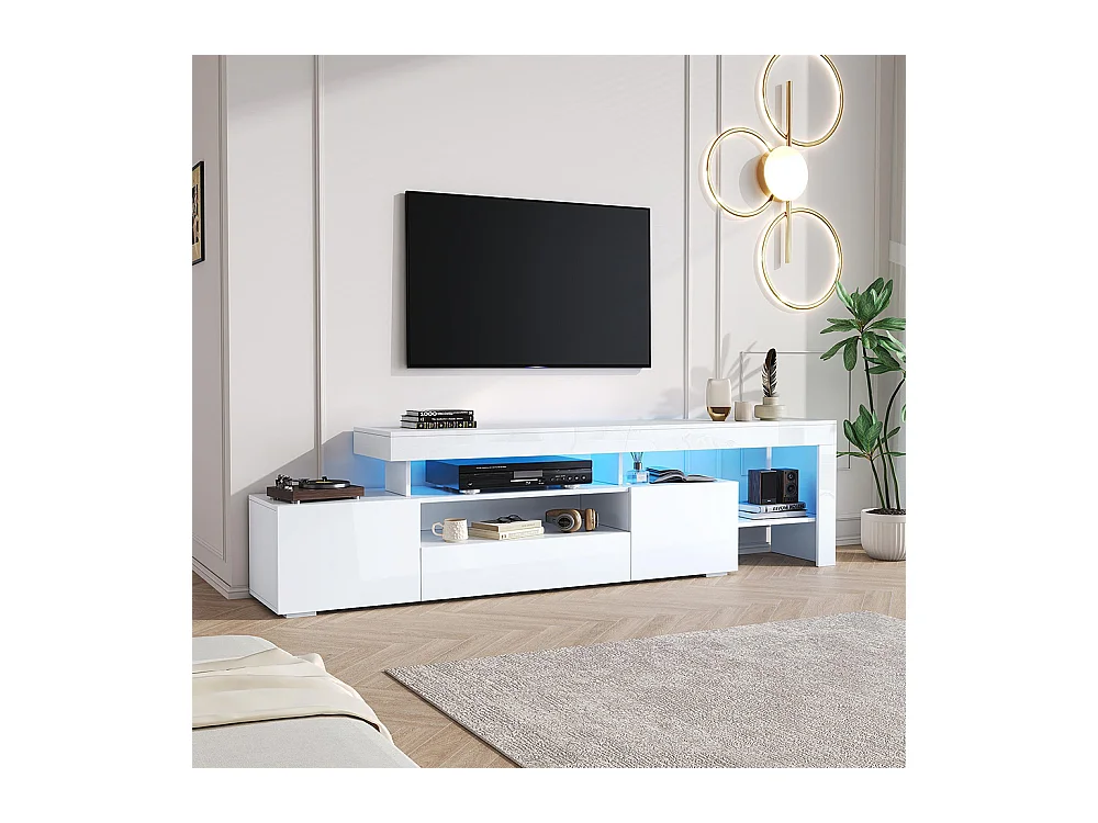 Meuble TV bas brillant 3 armoires LED blanc pour les téléviseurs jusqu'à 85 pouces