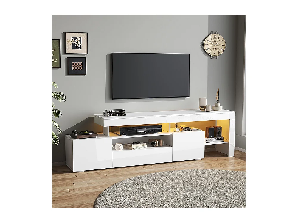 Meuble TV bas brillant 3 armoires LED blanc pour les téléviseurs jusqu'à 85 pouces