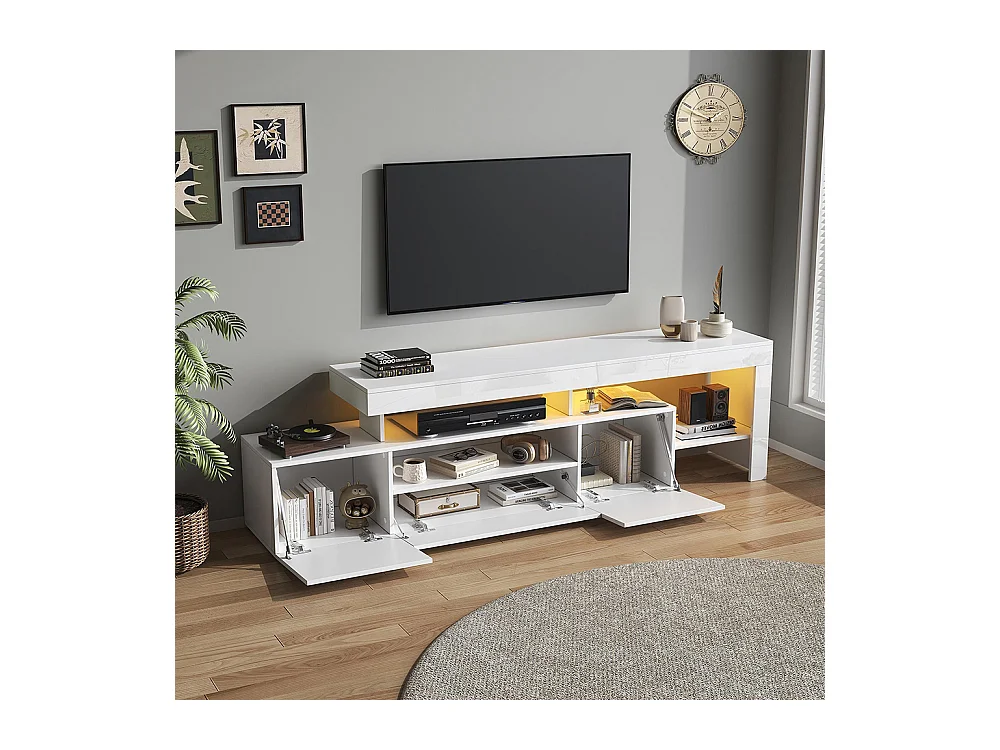Meuble TV bas brillant 3 armoires LED blanc pour les téléviseurs jusqu'à 85 pouces