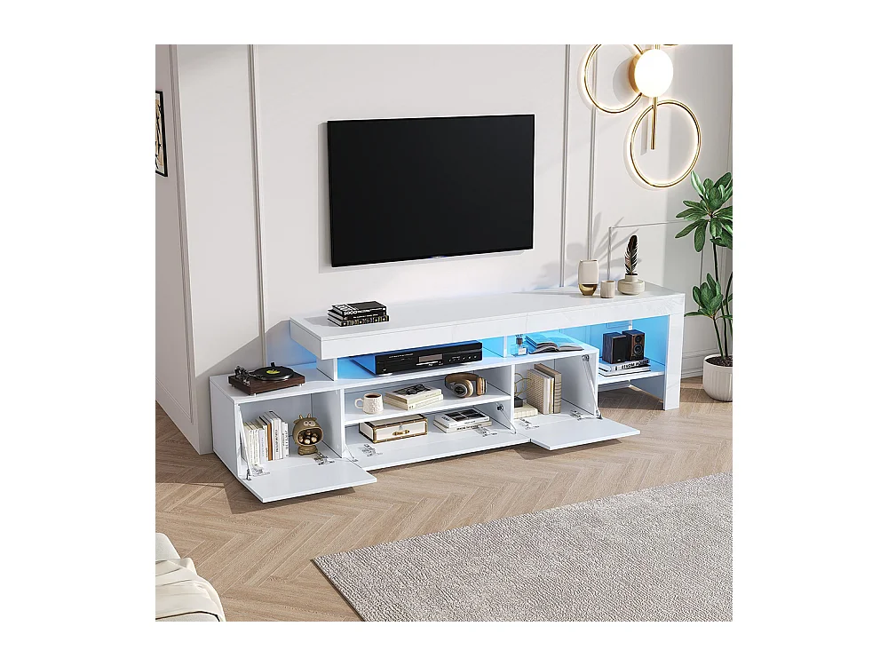 Meuble TV bas brillant 3 armoires LED blanc pour les téléviseurs jusqu'à 85 pouces