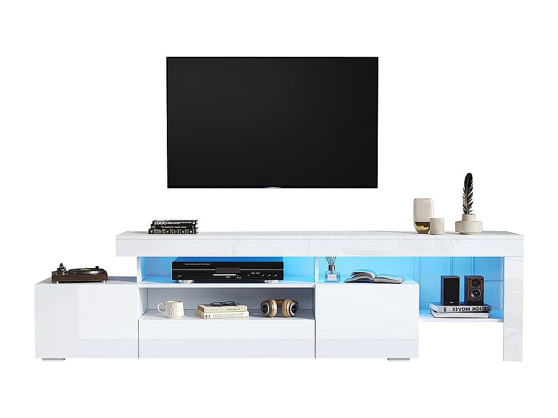 Meuble TV bas brillant 3 armoires LED blanc pour les téléviseurs jusqu'à 85 pouces