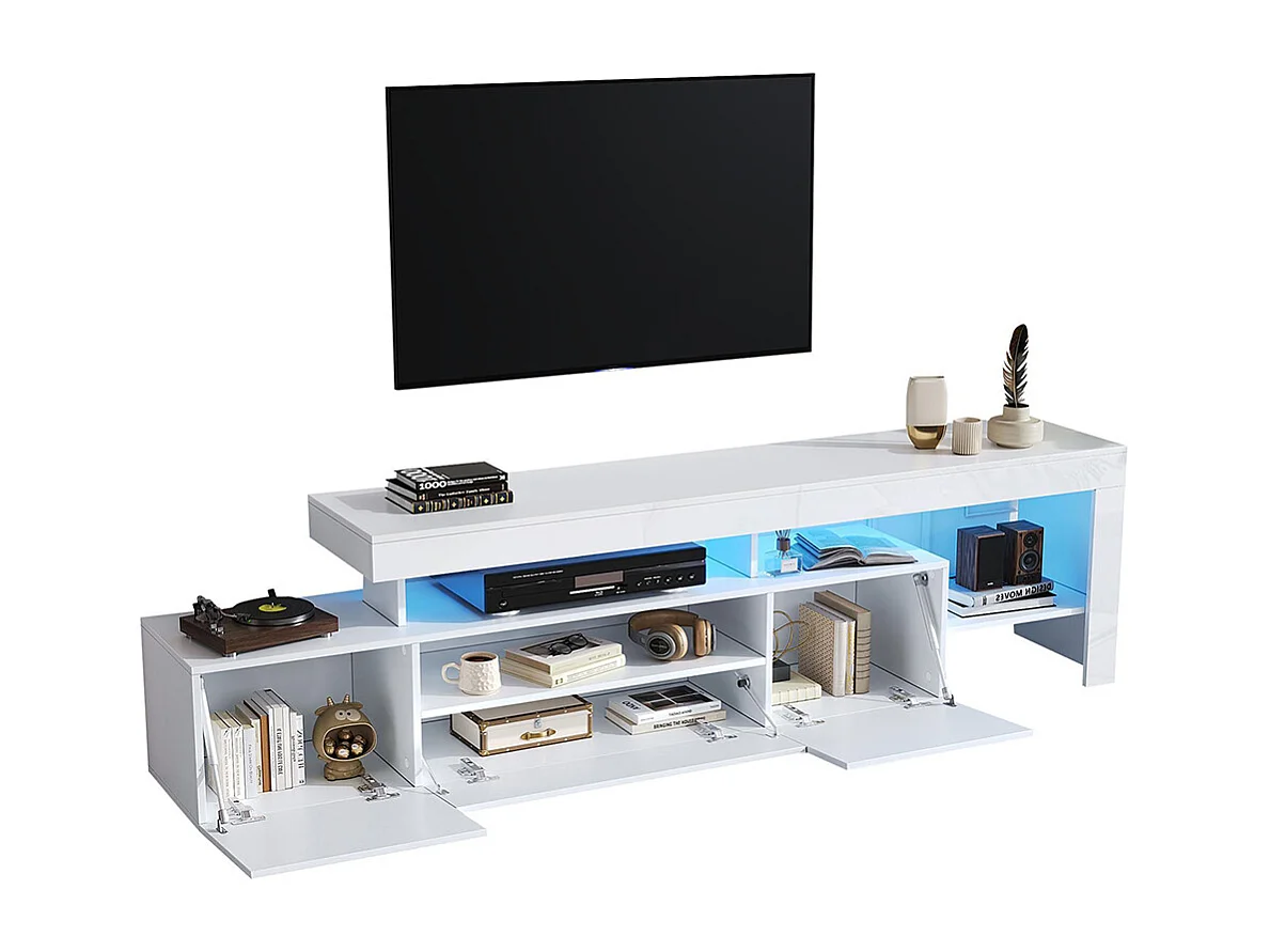 Meuble TV bas brillant 3 armoires LED blanc pour les téléviseurs jusqu'à 85 pouces
