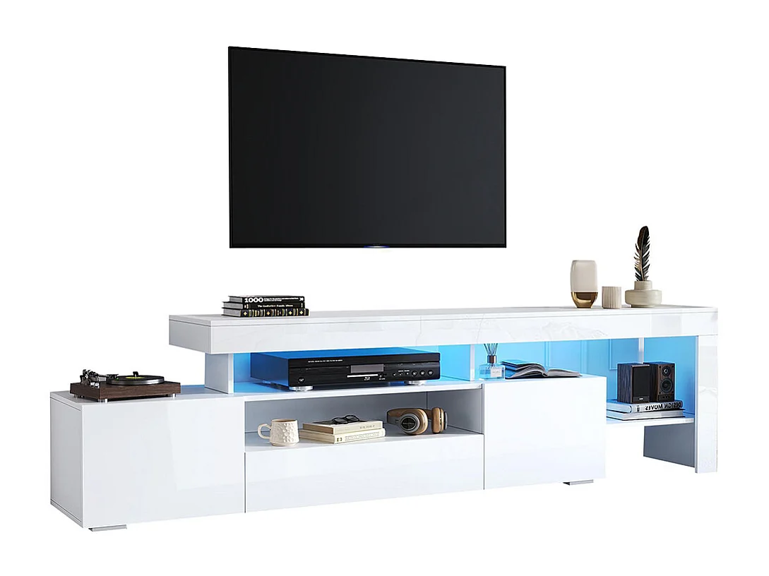 Meuble TV bas brillant 3 armoires LED blanc pour les téléviseurs jusqu'à 85 pouces
