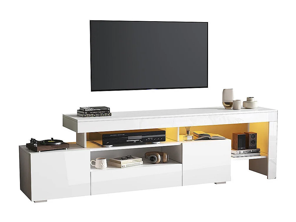 Meuble TV bas brillant 3 armoires LED blanc pour les téléviseurs jusqu'à 85 pouces