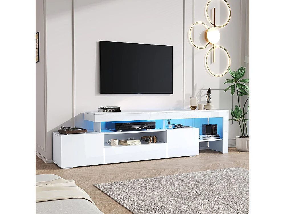 Meuble TV bas brillant 3 armoires LED blanc pour les téléviseurs jusqu'à 85 pouces