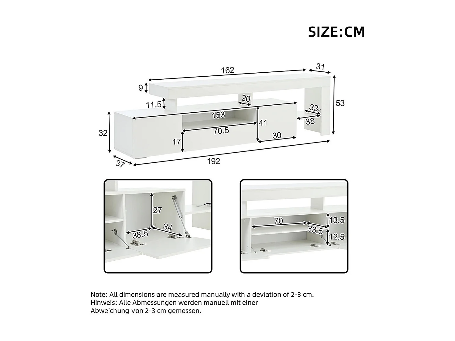 Meuble TV bas brillant 3 armoires LED blanc pour les téléviseurs jusqu'à 85 pouces